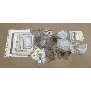 White/Tan Cottagecore Vintage Junk Journal Kit – 81 Pcs Ephemera, Stickers & Tex